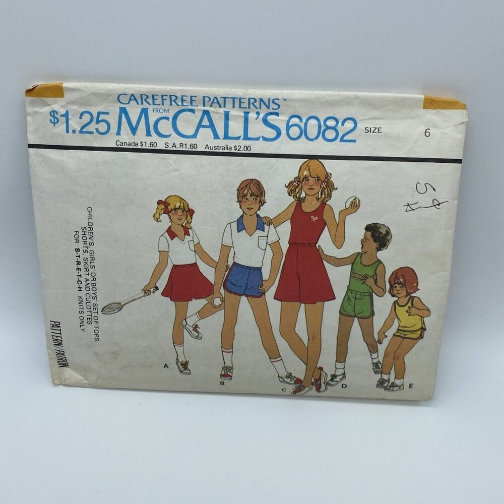 McCall's 6082 Boys Girl's Tops Shorts Skirt Culottes Child Size 6 Vintage Cut